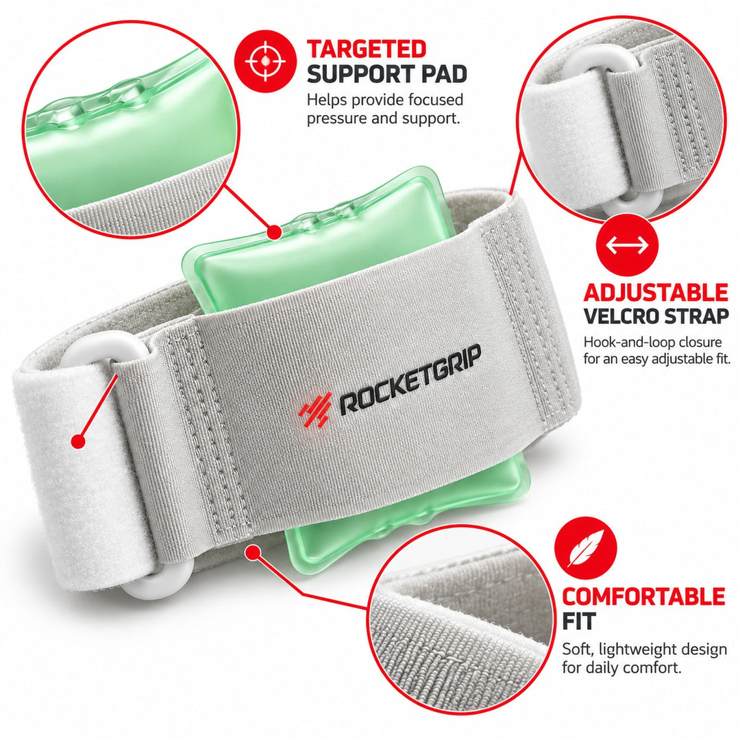 Pneumatic Elbow Brace features: targeted support pad, adjustable strap, comfortable fit