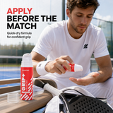 Padel player applying GRIP+ grip liquid to his palm before the match
