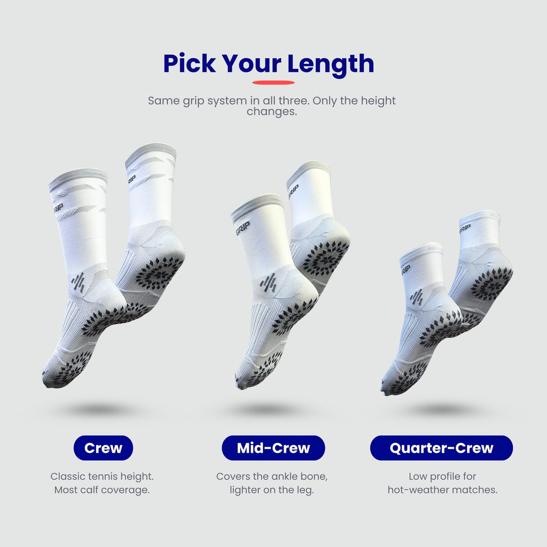 Pick your length: Crew, Mid-Crew or Quarter-Crew tennis grip socks