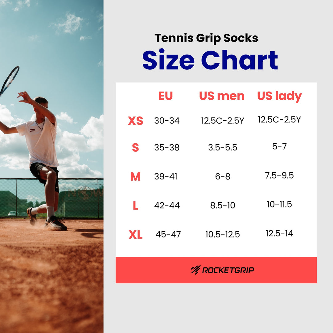 Tennis Grip Socks size chart XS to XL